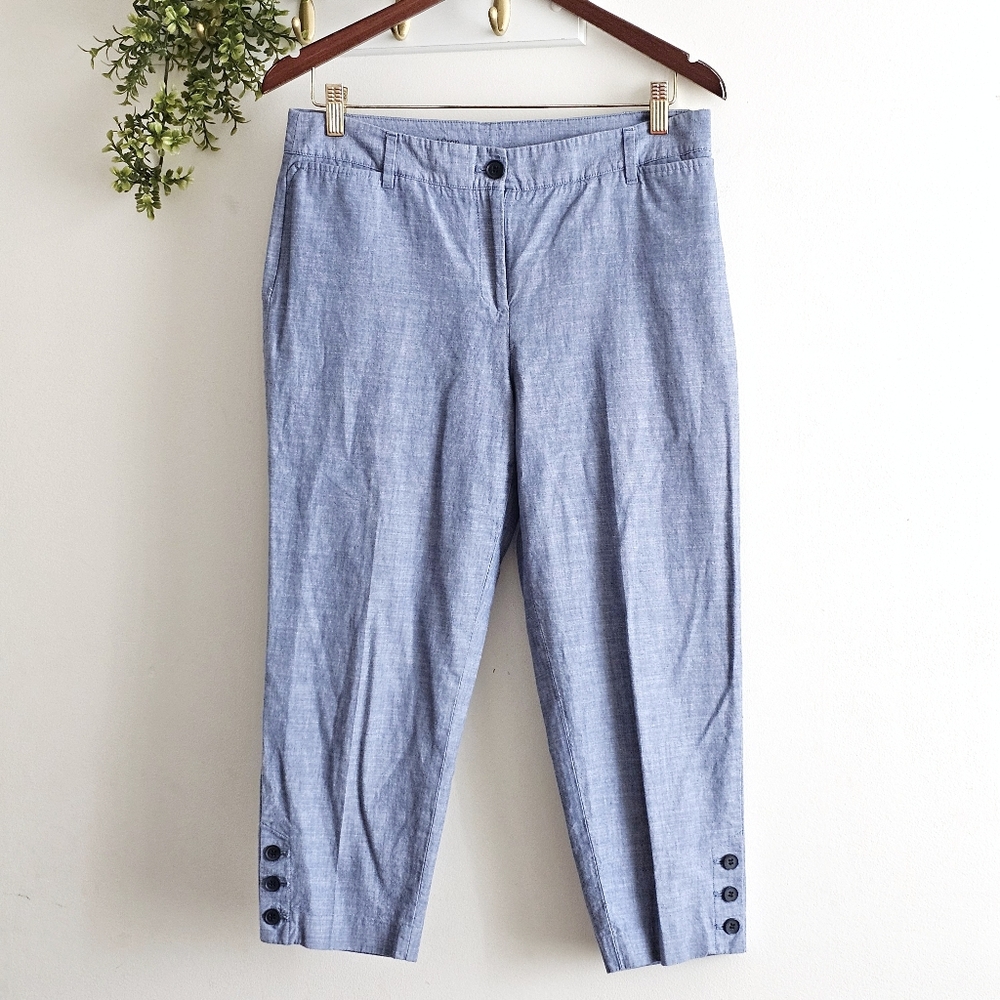 Talbots Perfect Crop Pants 8P Blue Chambray Cotton Button Hem Career Workwear